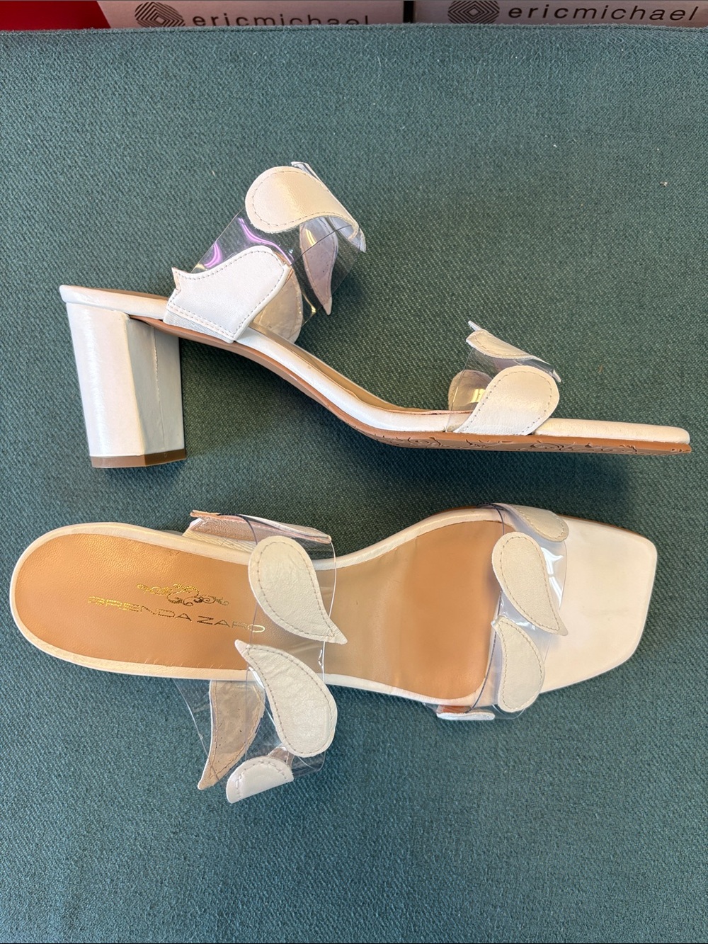 Brenda Zaro White Block Heel Sandals with Clear Straps